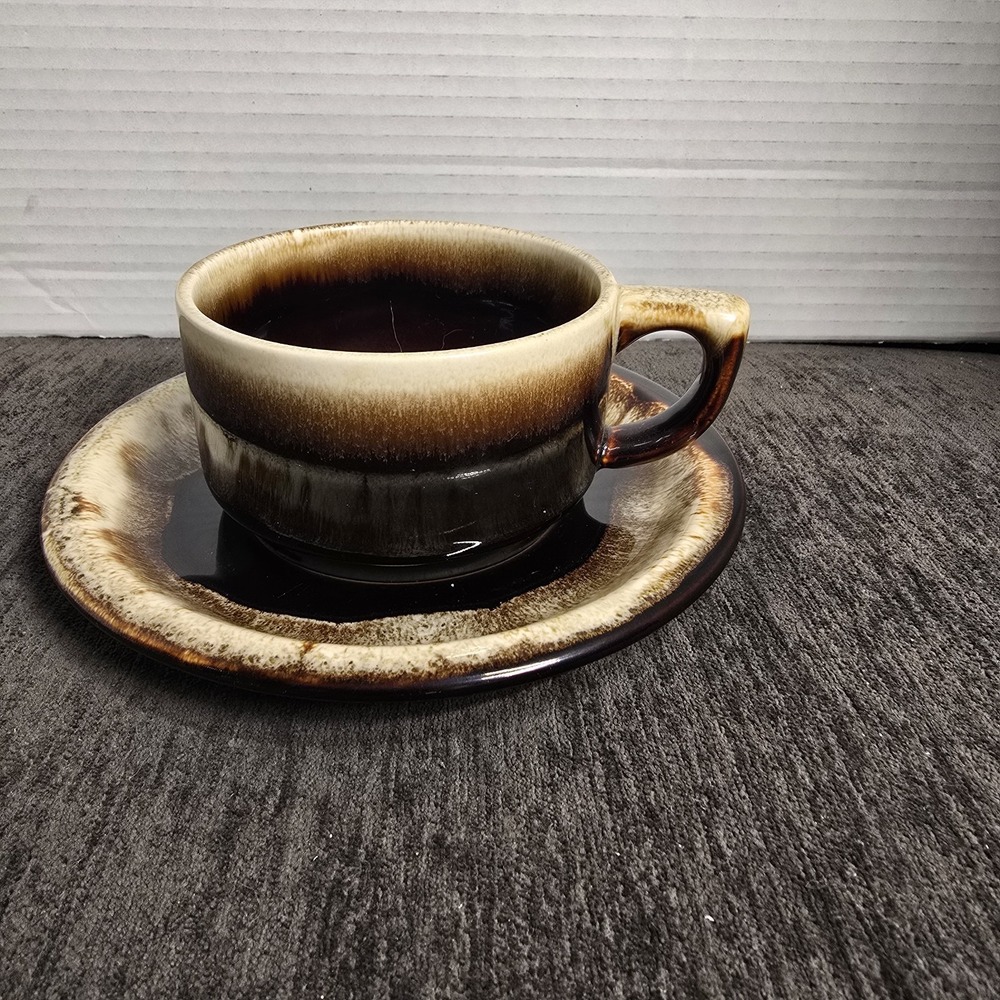 Pfaltzgraff Gourmet Brown Dripβ Glaze Coffee Mug & Saucer Closed Handle Vintage